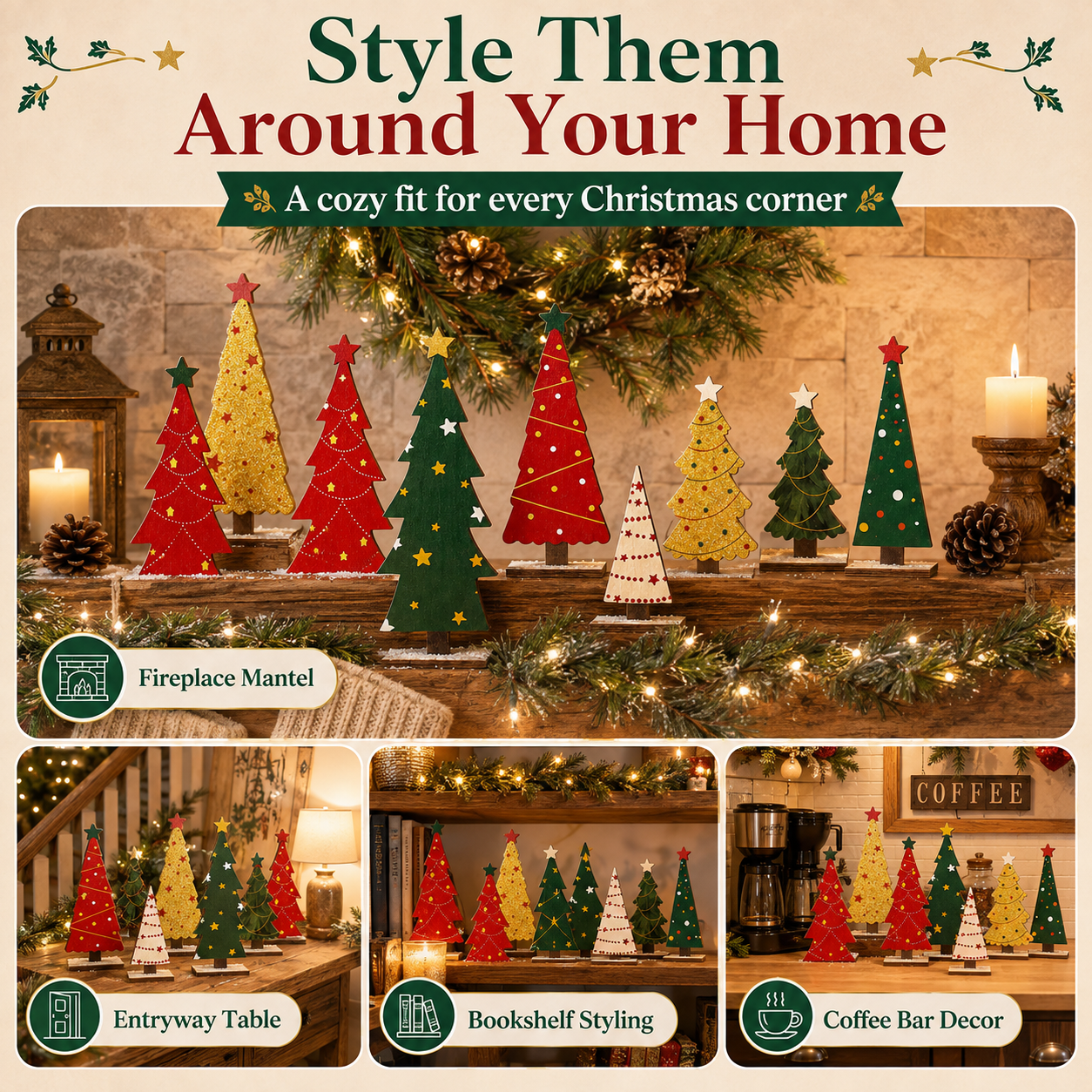 8-Piece Rustic Wooden Christmas Tree Decor Set