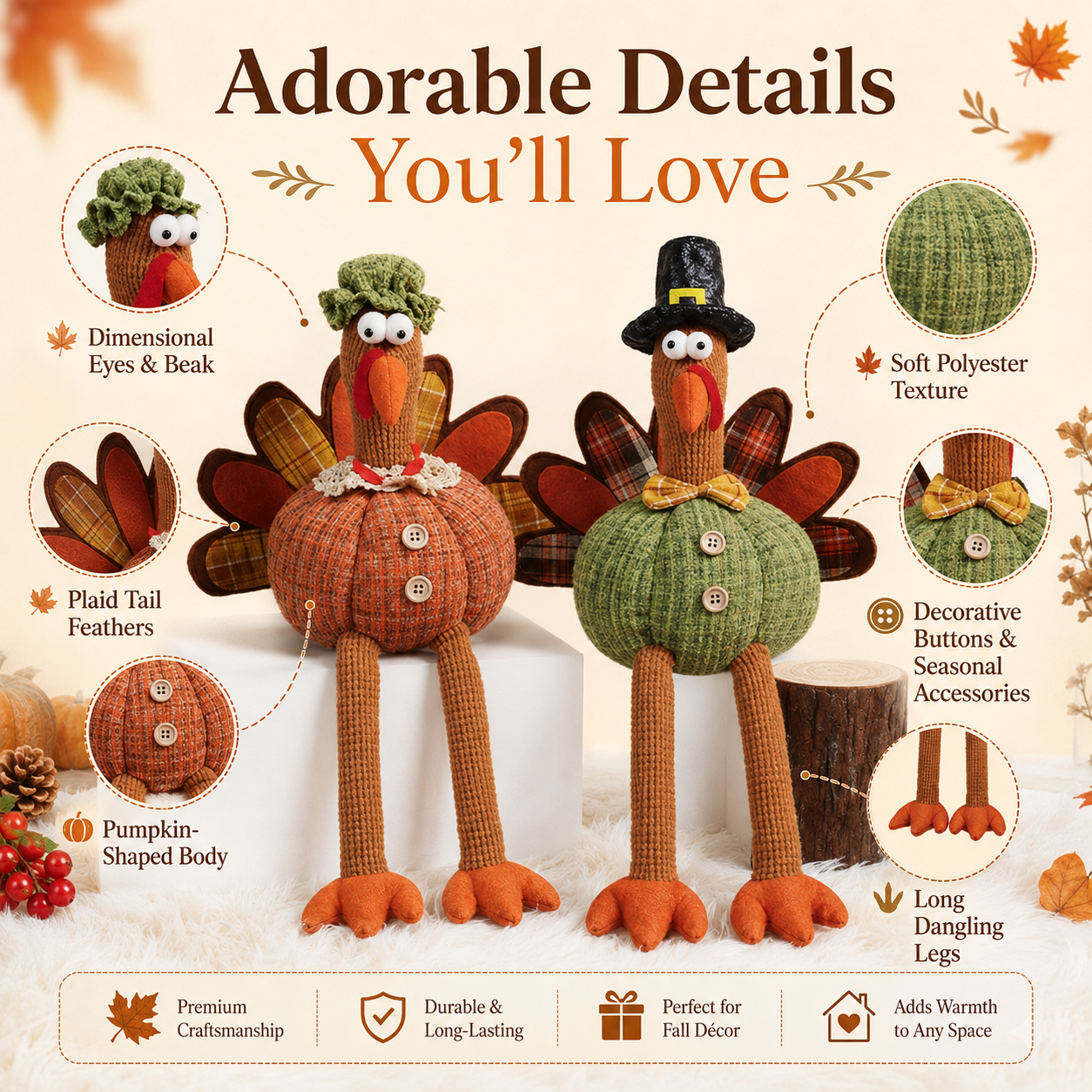 Whimsical Harvest Turkey Couple Shelf Sitters – Set of 2