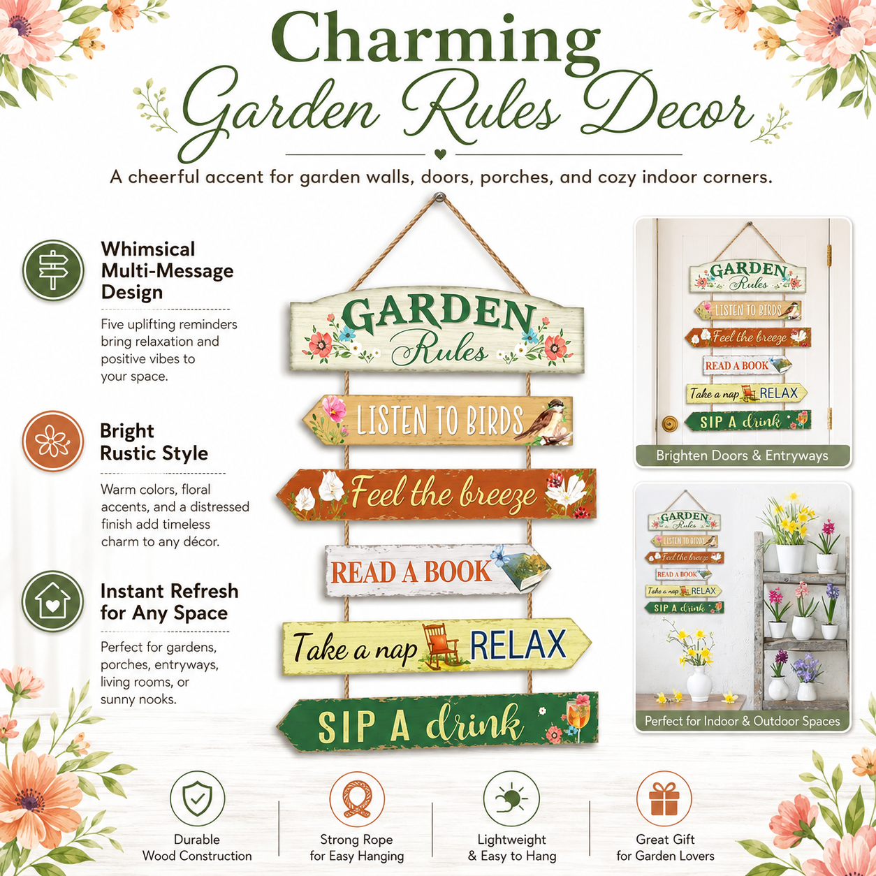 6pcs Wooden Outdoor Fun Garden Rule Signs Set-Gardening Enthusiast Decor, Outdoor Garden Sign Plaques