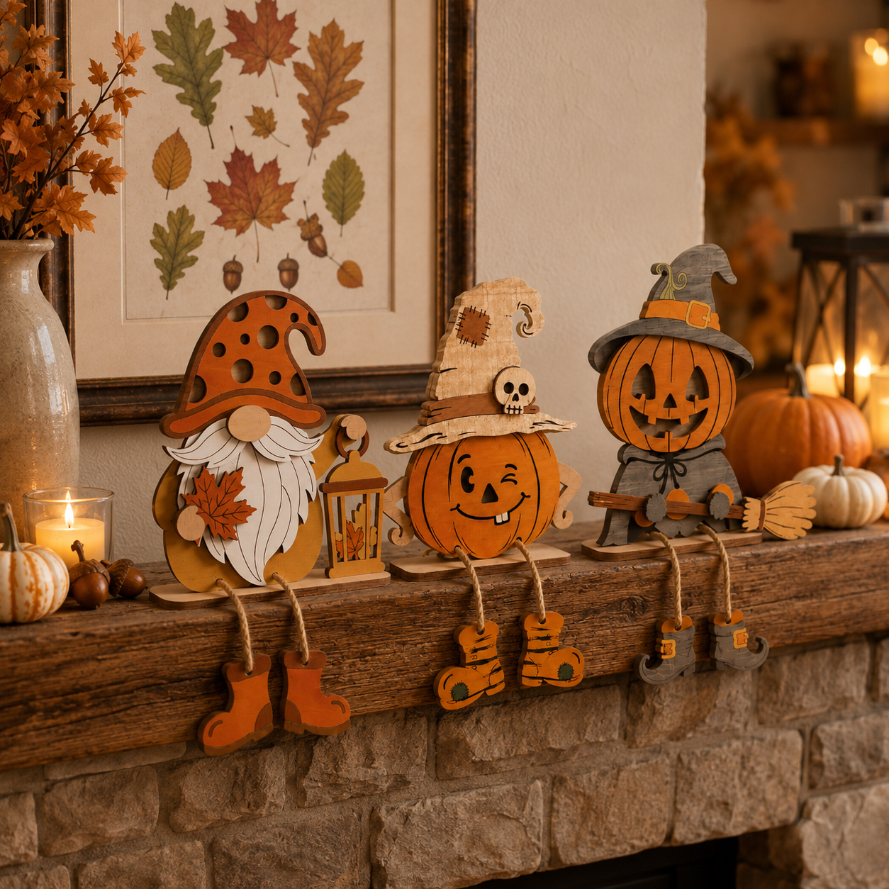 3-Piece Wooden Fall & Halloween Dangling-Leg Shelf Sitter Set
