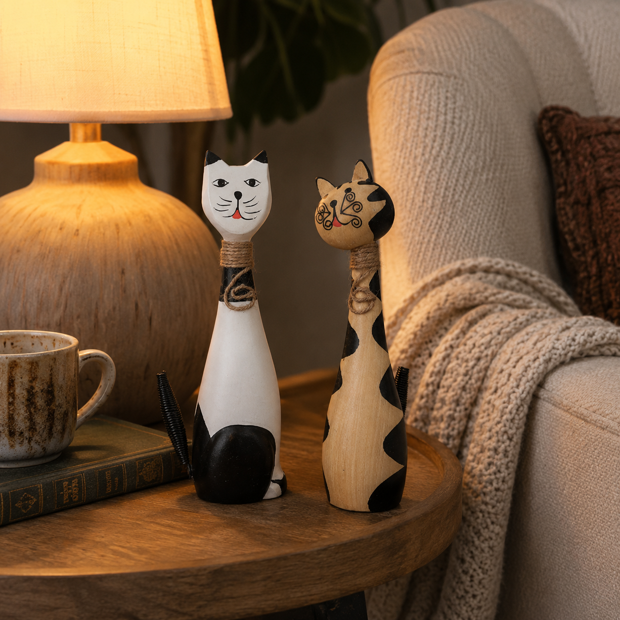 11 in Whimsical Hand-Painted Wooden Cat Figurines – Set of 2 🐱