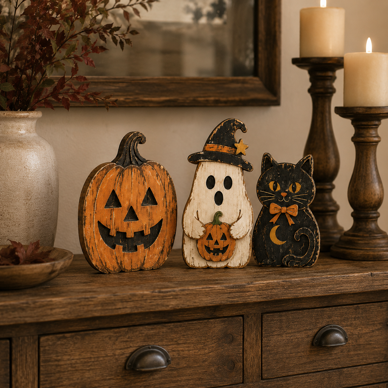 Vintage Halloween Wooden Trio – Pumpkin, Ghost & Black Cat
