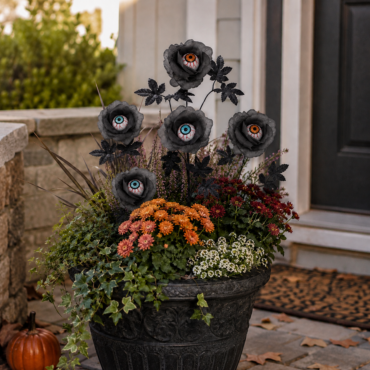 Halloween Eyeball Rose Artificial Flower Stems, Gothic Black Rose Decor