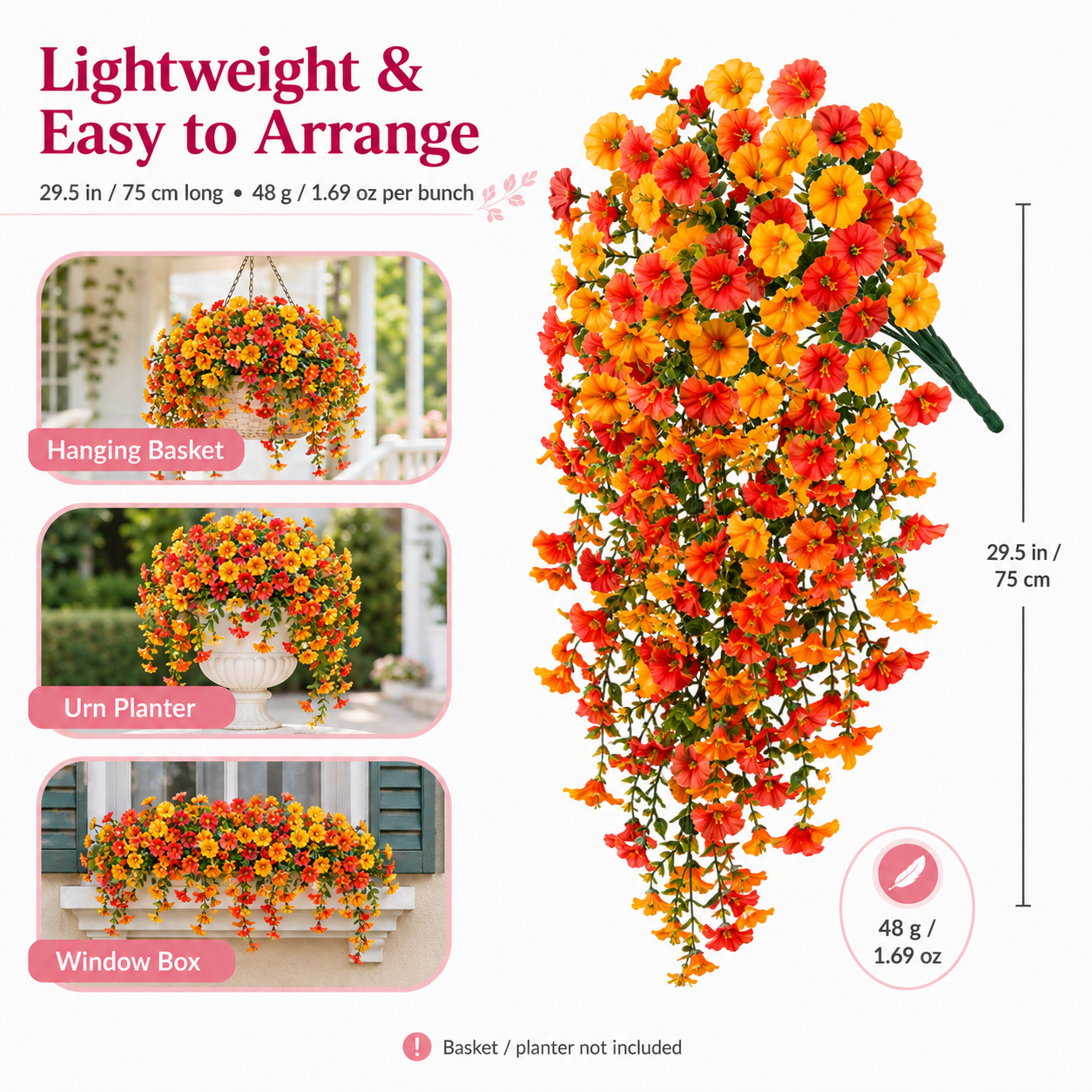 4 Bunch Artificial Hanging Flowers , Faux Petunia Hanging Plants for Outdoor Indoor Decor——Flower basket not included