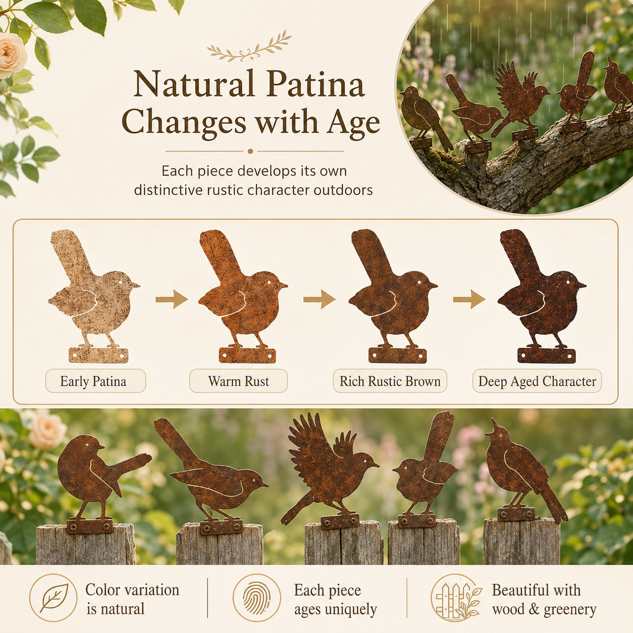 5-Piece Rustic Metal Bird Fence Toppers 