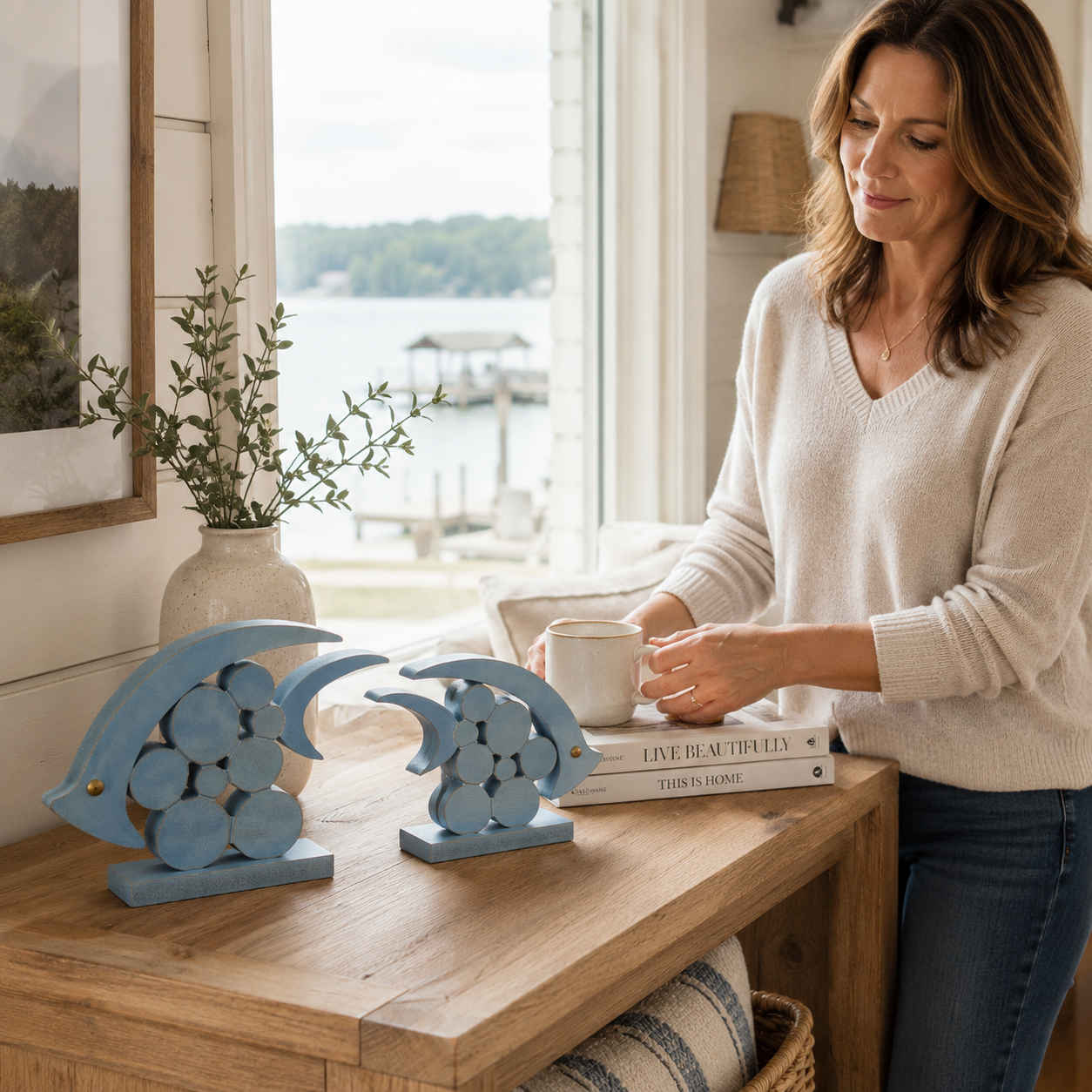 🐟 Coastal Pebble Fish Wooden Decor Set – 2 Pieces