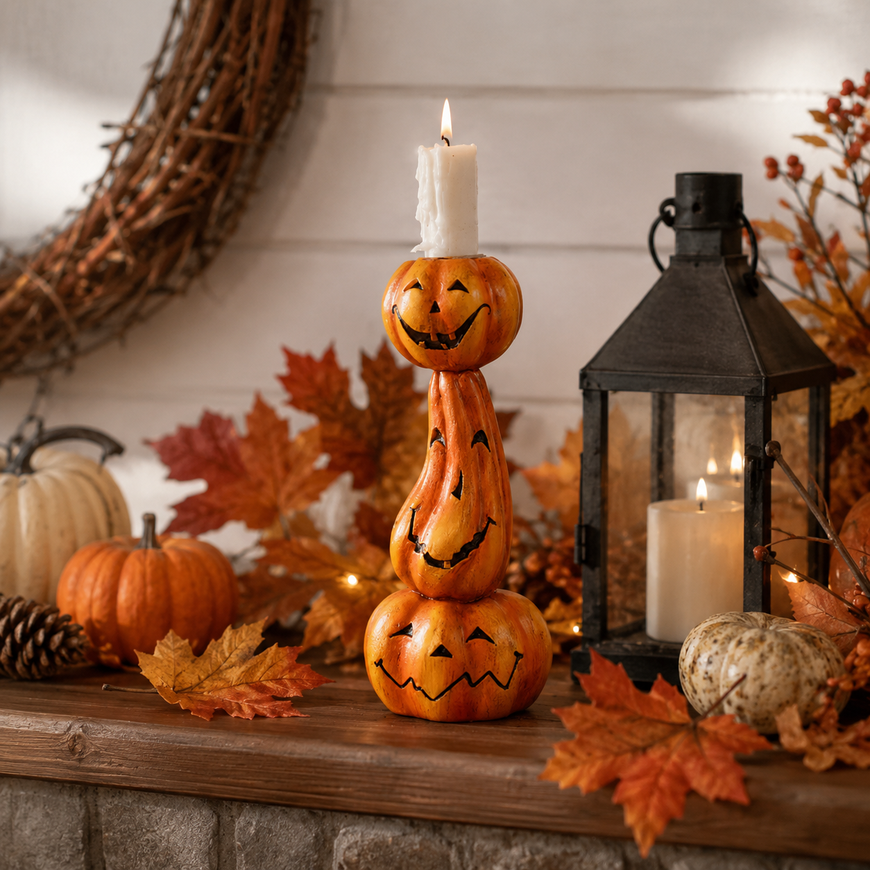 Stacked Jack-O’-Lantern Pumpkin Candle Holder - 6.9 Inch Halloween Resin Candlestick Decor
