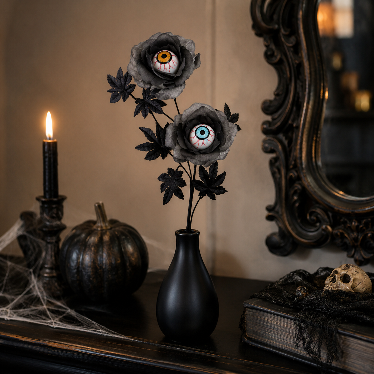 Halloween Eyeball Rose Artificial Flower Stems, Gothic Black Rose Decor