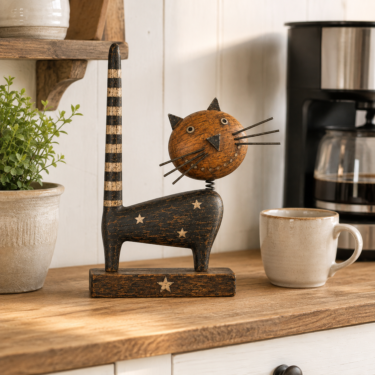 Vintage Primitive Wooden Cat with Metal Accents