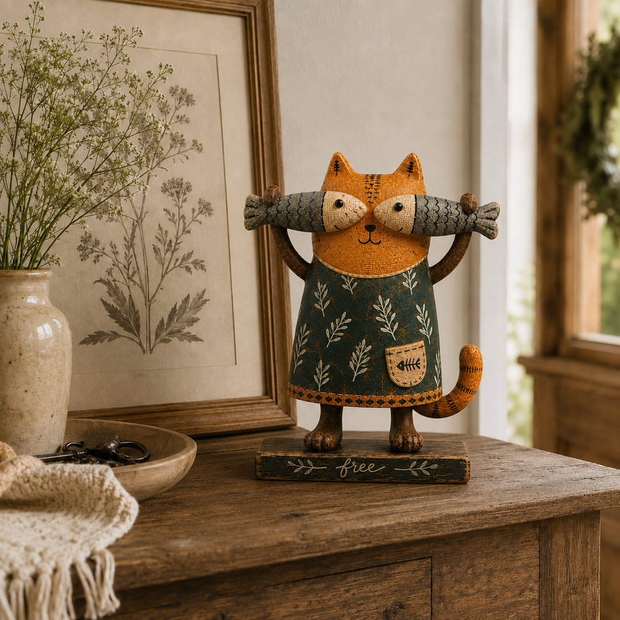 Free Spirit Cat with Fish Wooden Figurine
