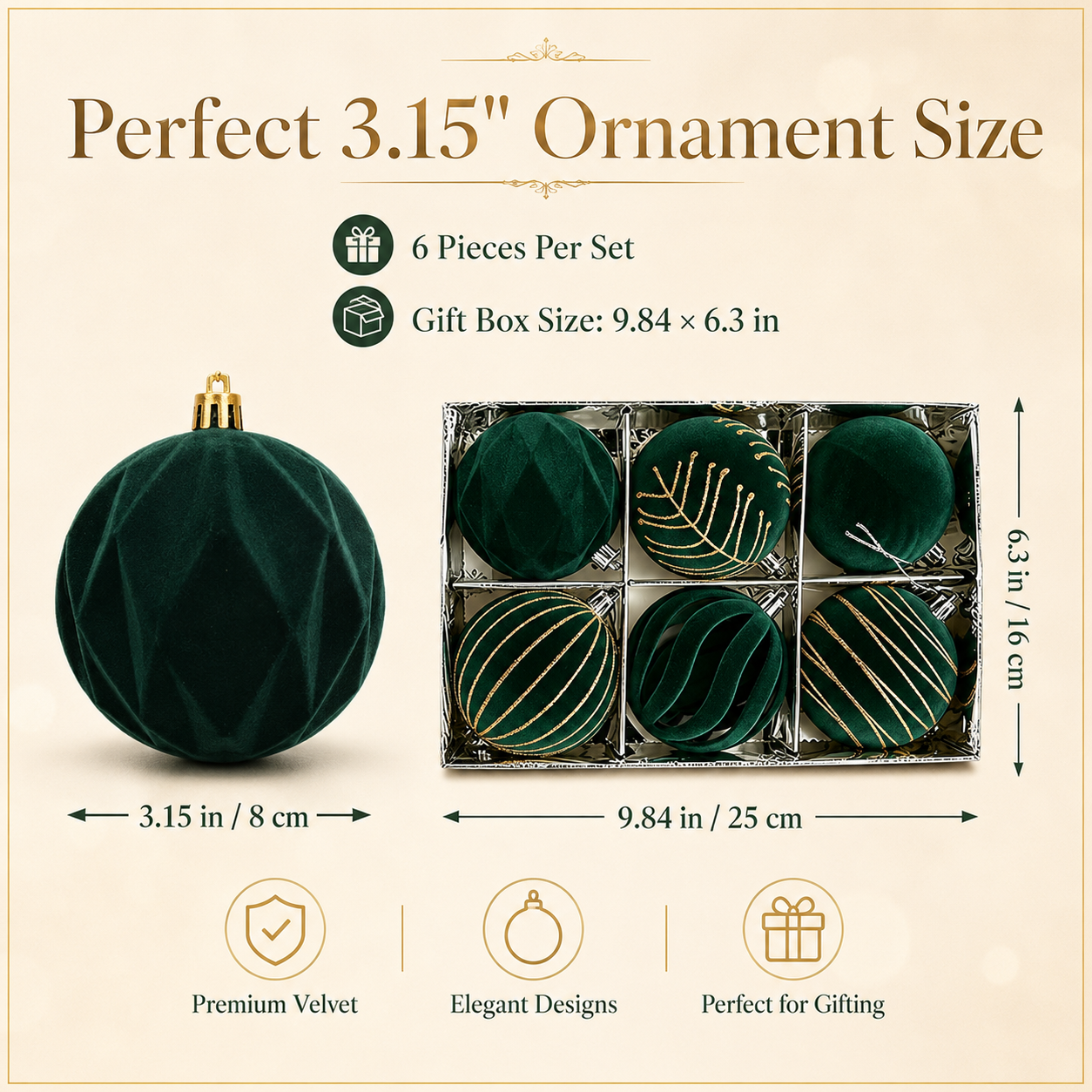 Luxe Velvet Christmas Ornaments – 6-Piece Holiday Bauble Set