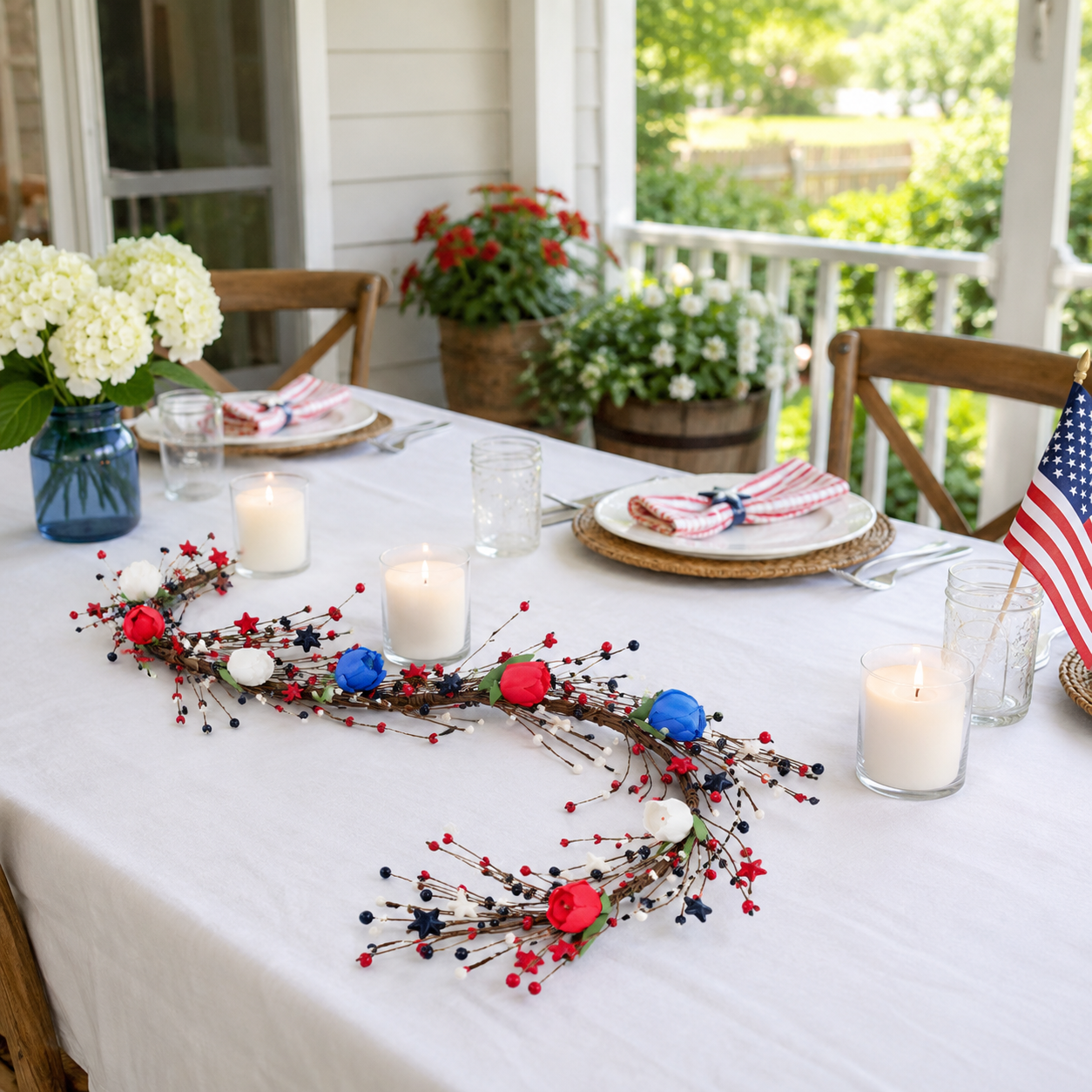 Patriotic Red White Blue Pip Berry Garland with Stars