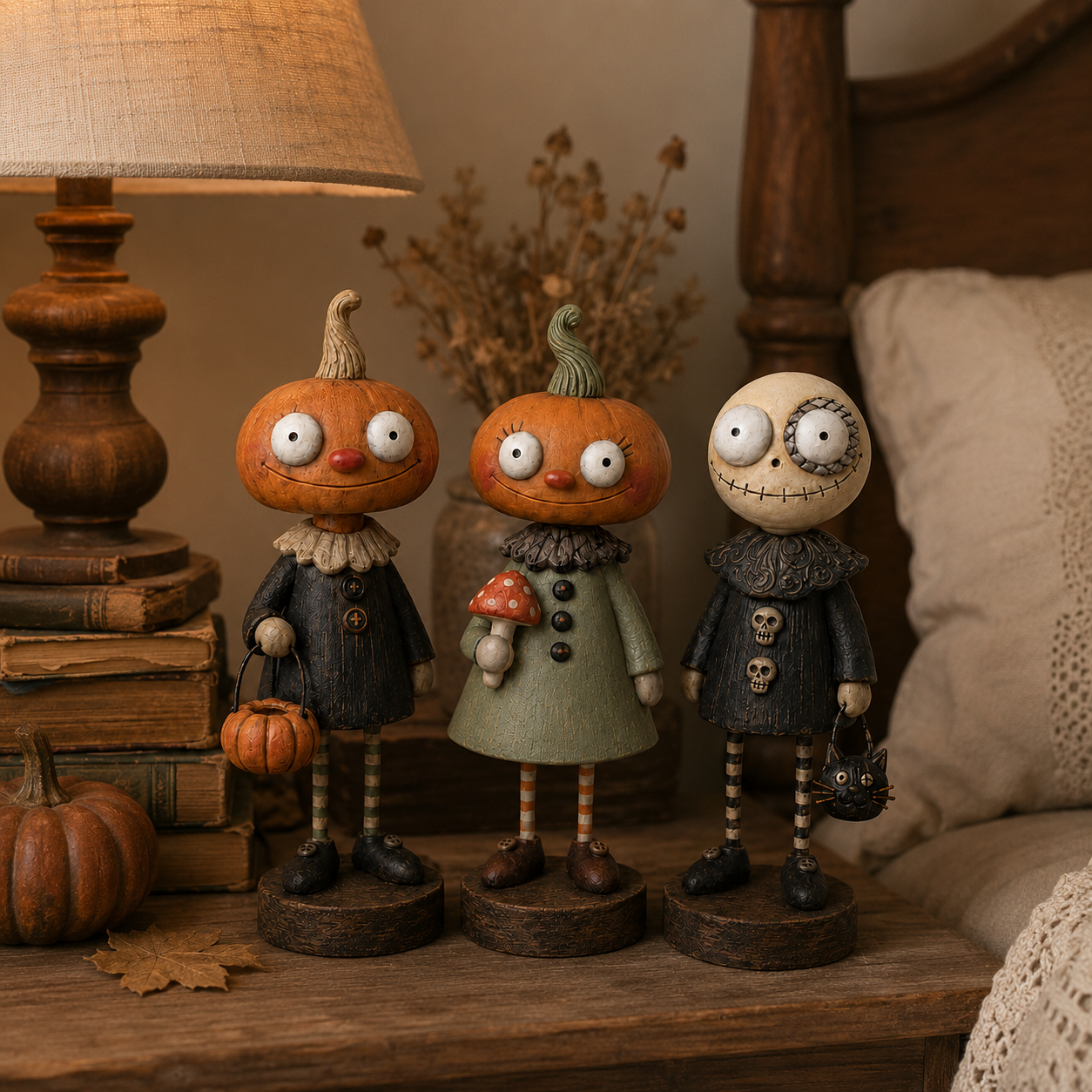 Primitive Pumpkin Friends 3-Piece Set – Vintage Halloween Farmhouse Figurine Collection