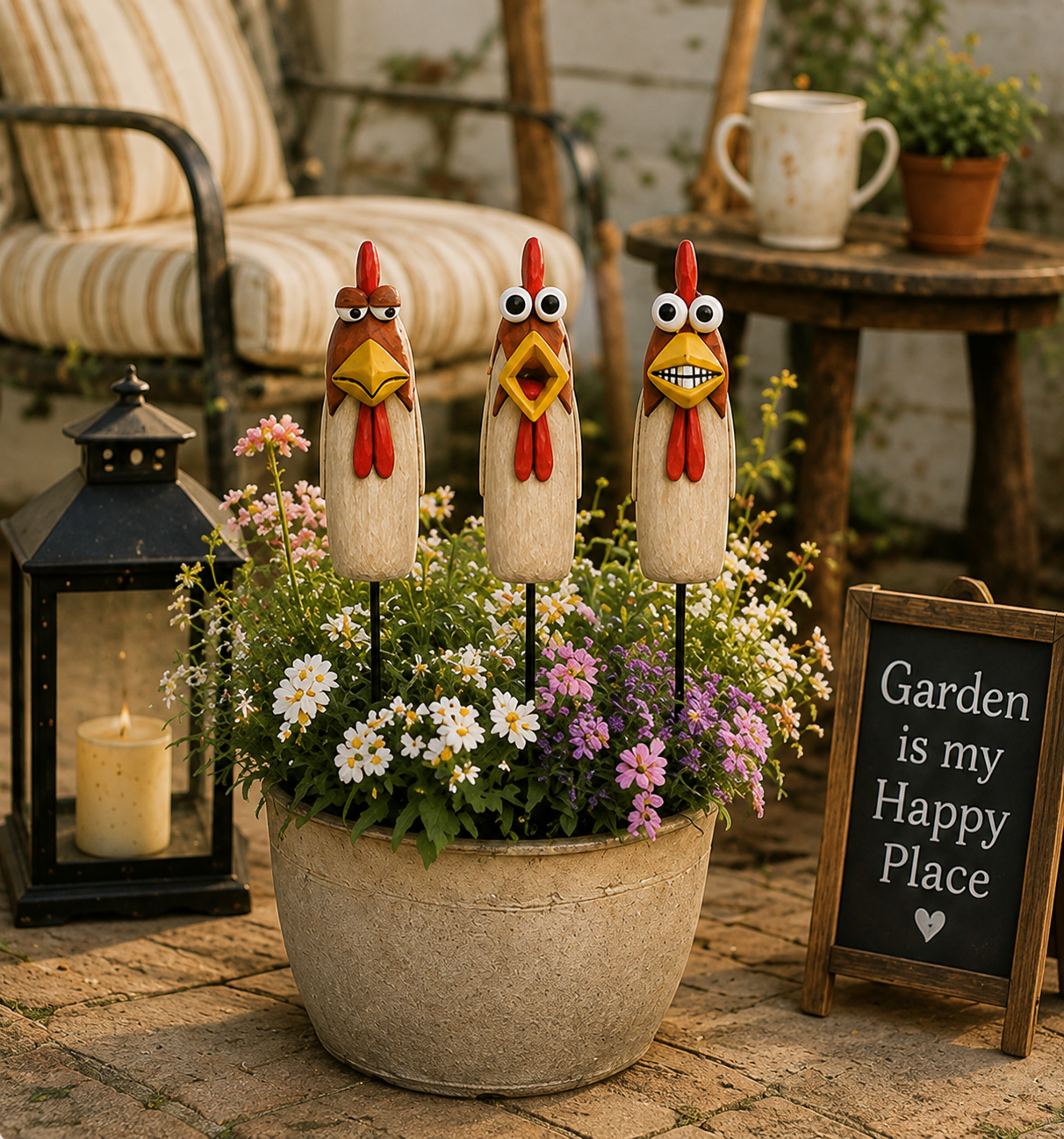 Funny Chicken Garden Stakes – 3 Piece Whimsical Yard Decor for Flower Beds, Planters & Backyard