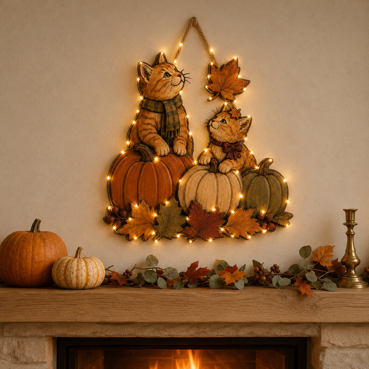 Autumn Whiskers Cat & Pumpkin Wooden Hanging Decor