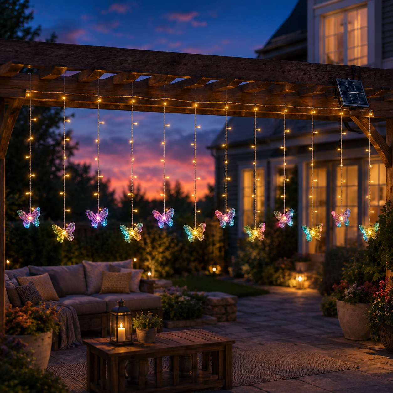 118.1 in Solar Butterfly Waterfall Curtain Lights 🦋✨ Warm White Outdoor Fairy Lights with Remote Control & 8 Lighting Modes