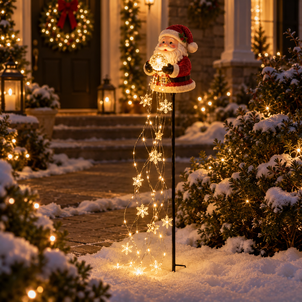 Christmas Magic Fountain Snowman & Santa Garden Stake Light