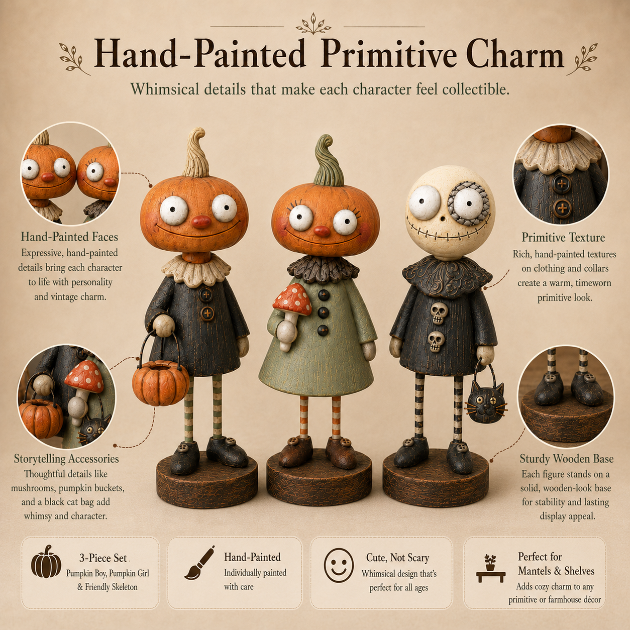 Primitive Pumpkin Friends 3-Piece Set – Vintage Halloween Farmhouse Figurine Collection