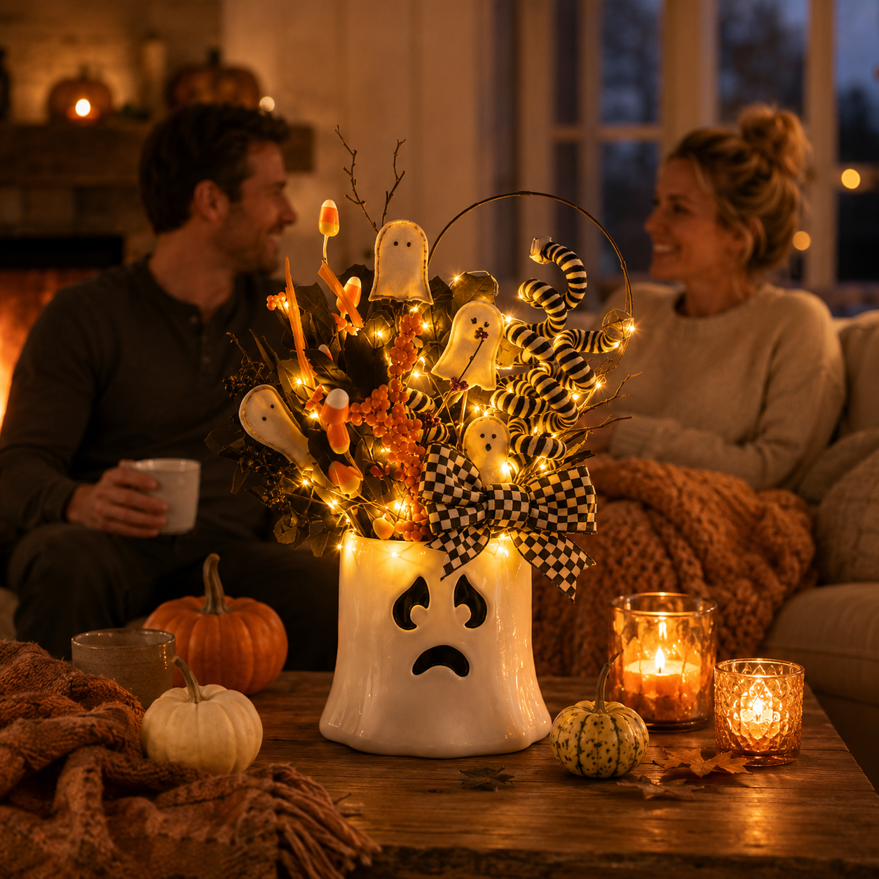 Whimsical Lighted Ghost Vase Halloween Centerpiece