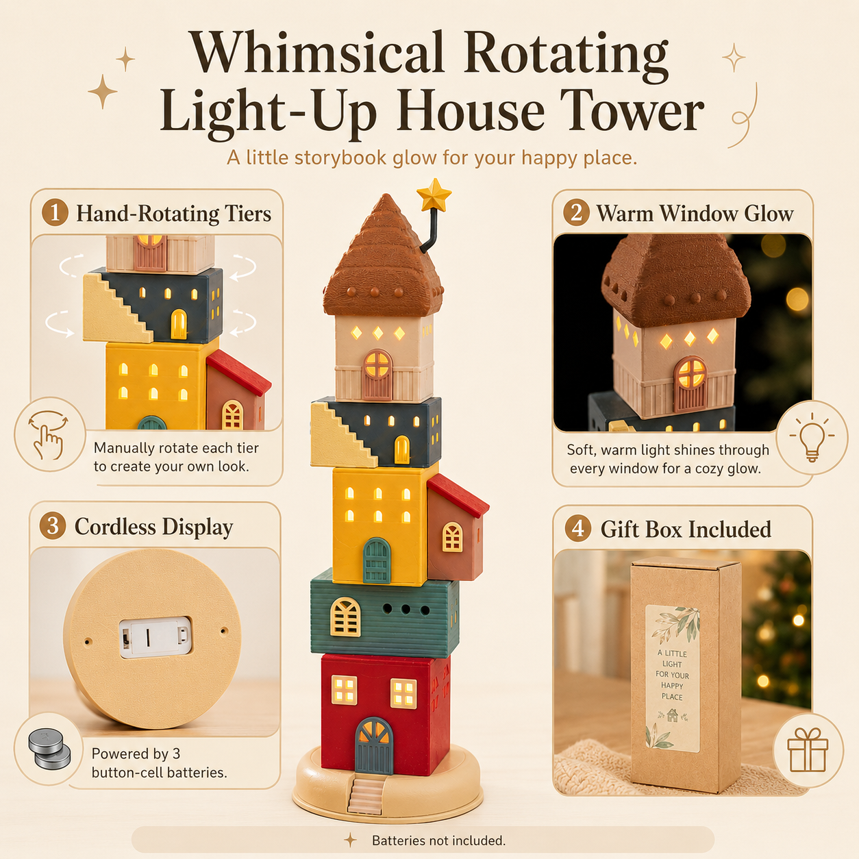 🏠 Whimsical Rotating Light-Up House Tower