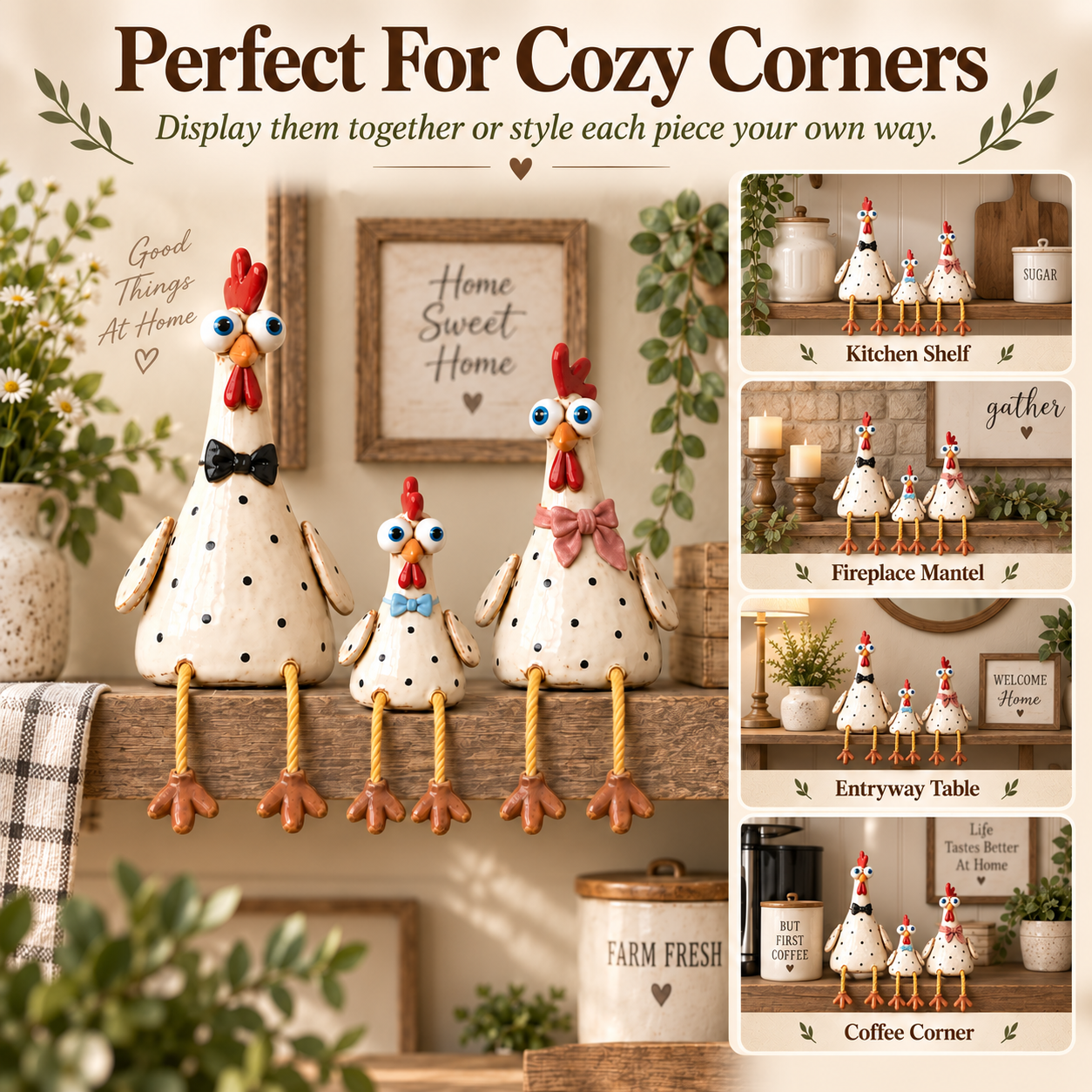 Rustic Chicken Family Figurine Collection - Cute Farmhouse Chicken Decor
