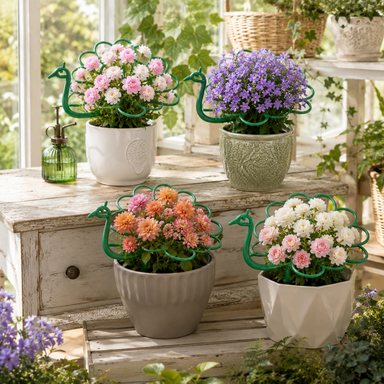 4 Pack Peacock Plant Support Stakes, Green Decorative Garden Plant Holders for Potted Flowers