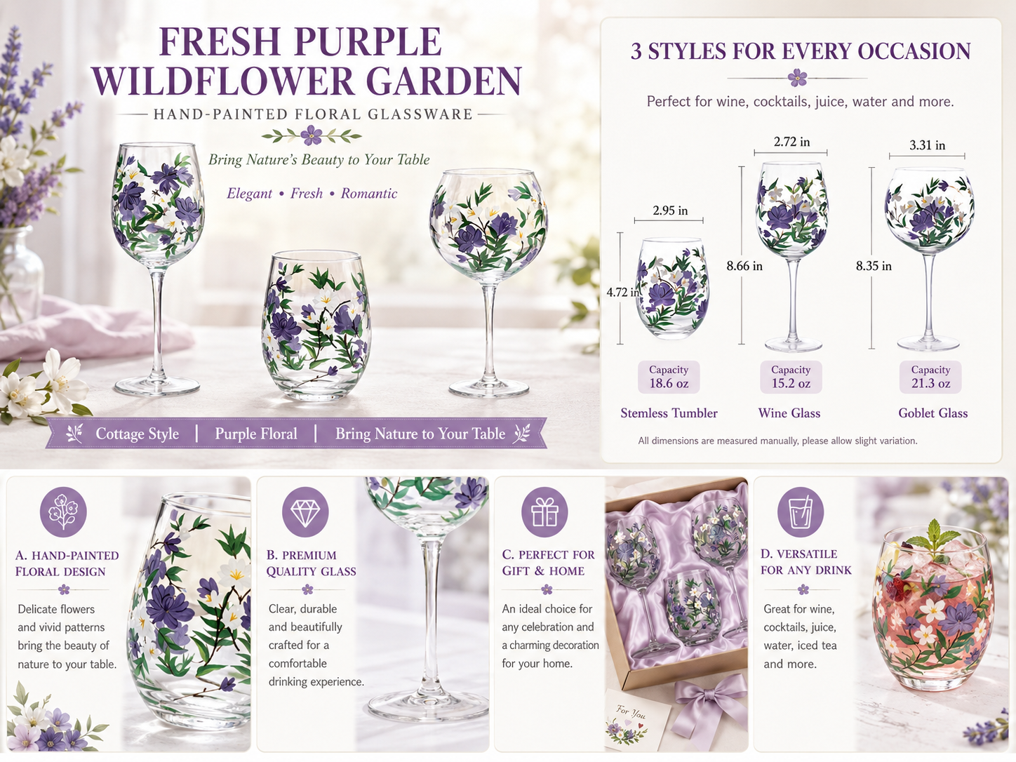 Fresh Floral Butterfly Glassware Gift Set, Hand-Painted Cottage Style
