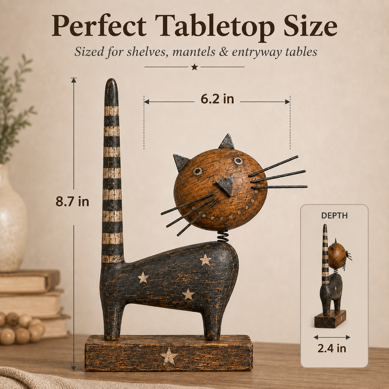 Vintage Primitive Wooden Cat with Metal Accents