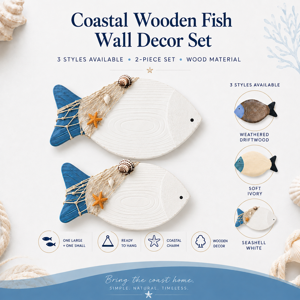 🐟 Coastal Wooden Fish Wall Decor Set