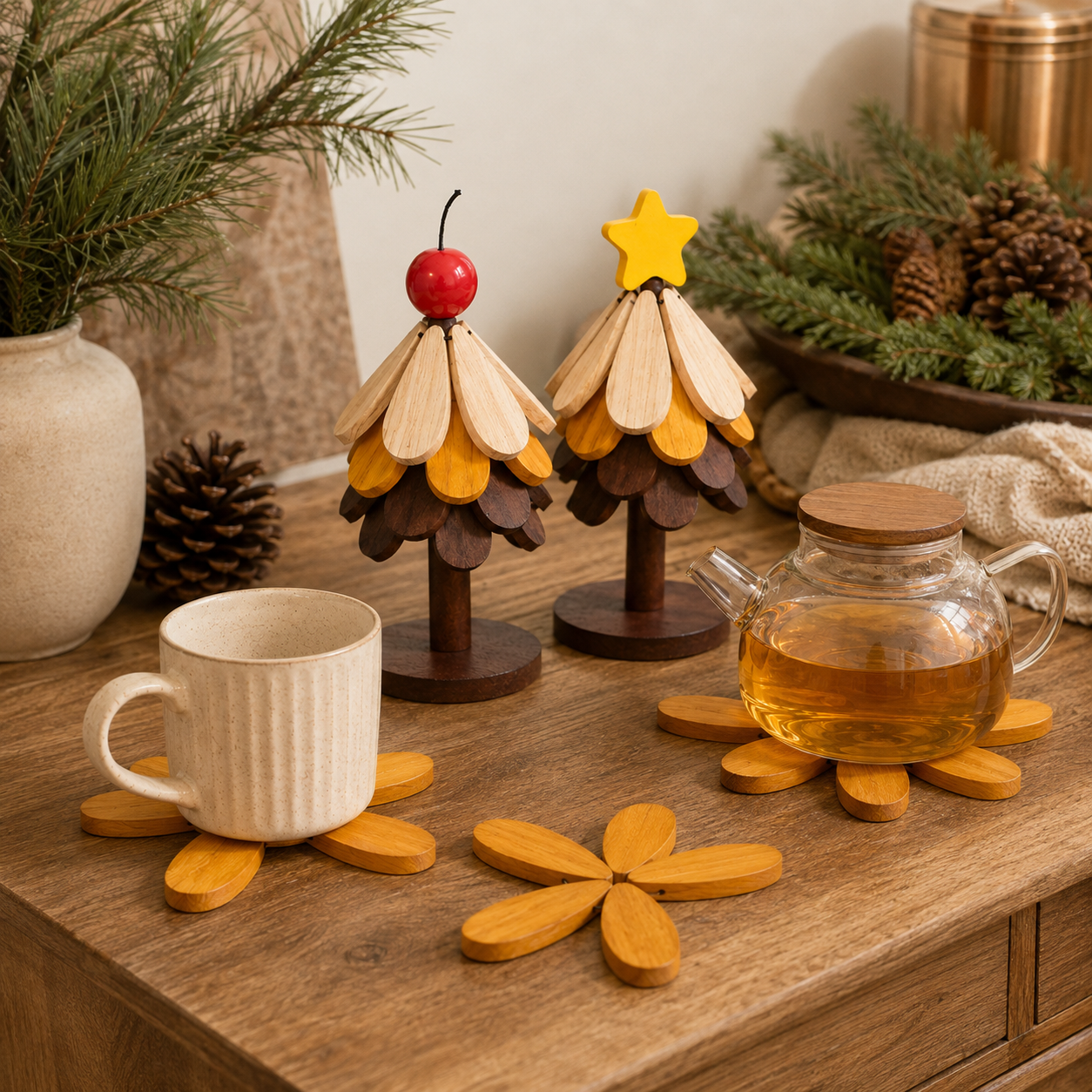 2-in-1 Wooden Trivet Tree Set – 5 Fold-Out Heat Pads 🌳