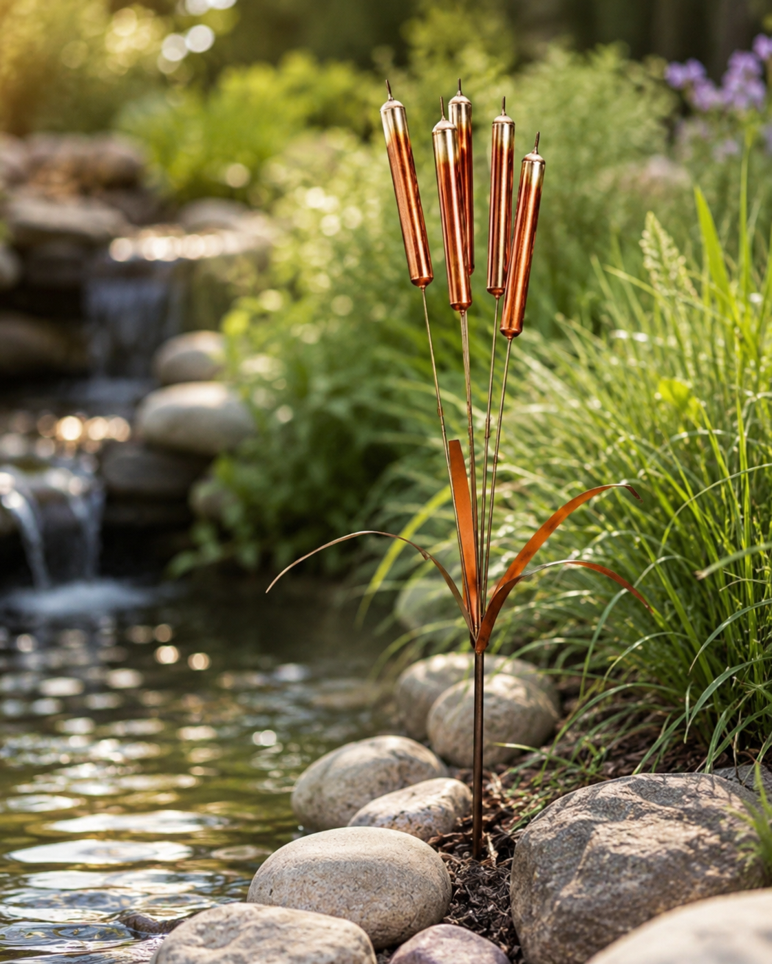 Copper Cattail Wind Chimes Metal Garden Stake Decor, 20 Inch Realistic Outdoor Yard Art