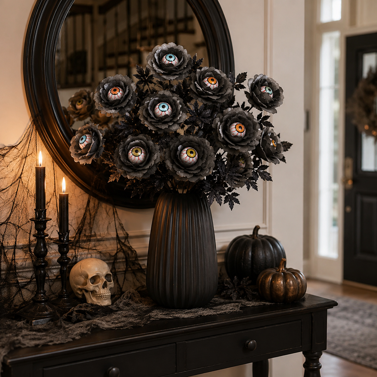 Halloween Eyeball Rose Artificial Flower Stems, Gothic Black Rose Decor