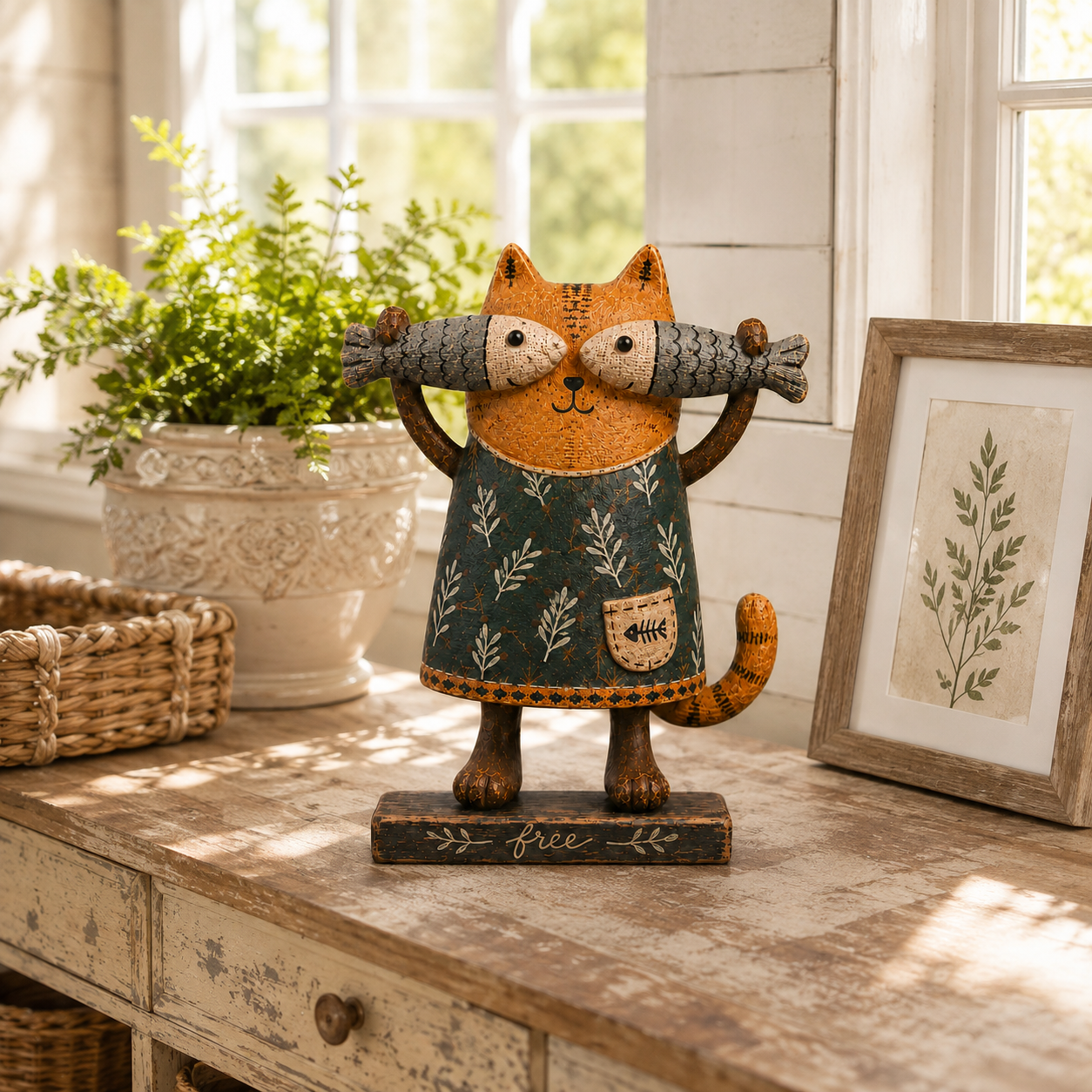 Free Spirit Cat with Fish Wooden Figurine