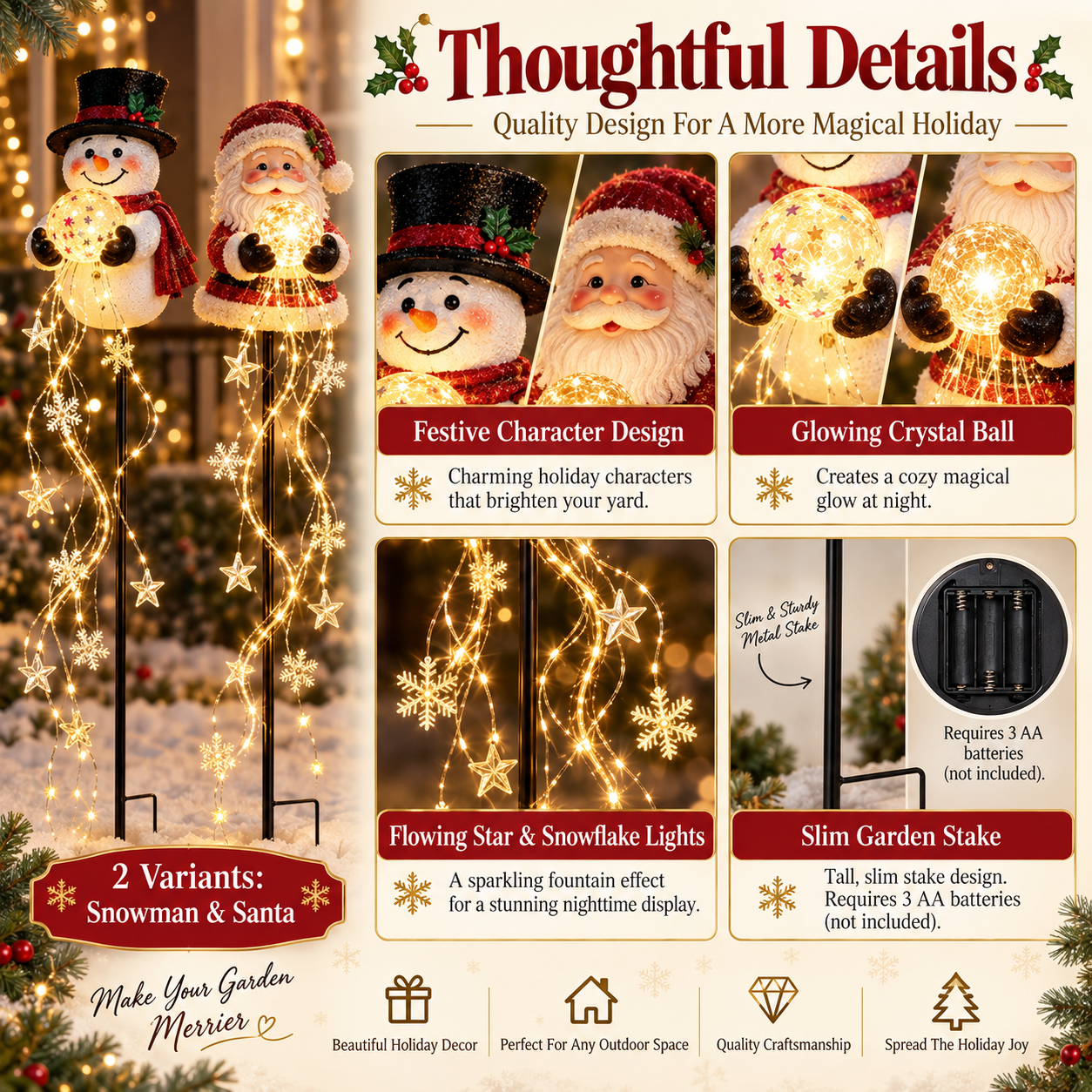 Christmas Magic Fountain Snowman & Santa Garden Stake Light