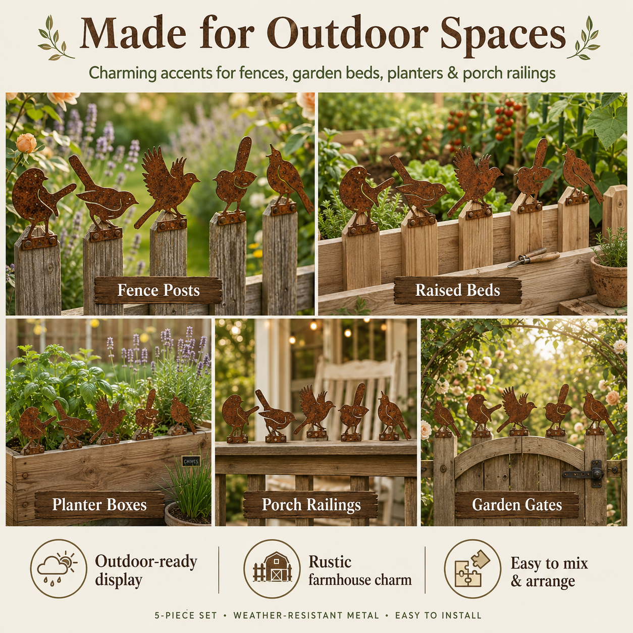 5-Piece Rustic Metal Bird Fence Toppers 