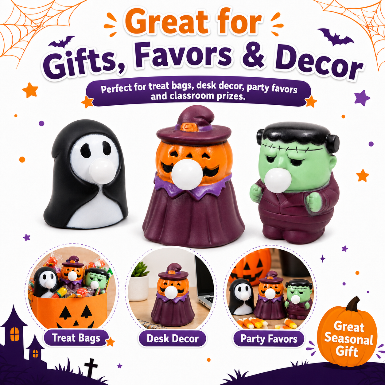 3 Pack Halloween Squeeze Bubble Toys, Cute Pumpkin Ghost Frankenstein Stress Relief Toys