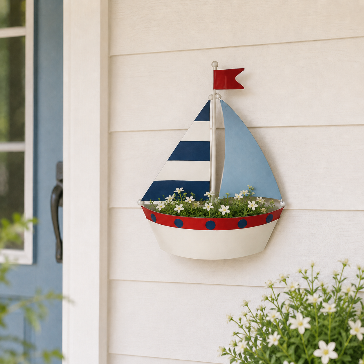 Coastal Sailboat Metal Wall Planter – Nautical Hanging Flower Basket⛵