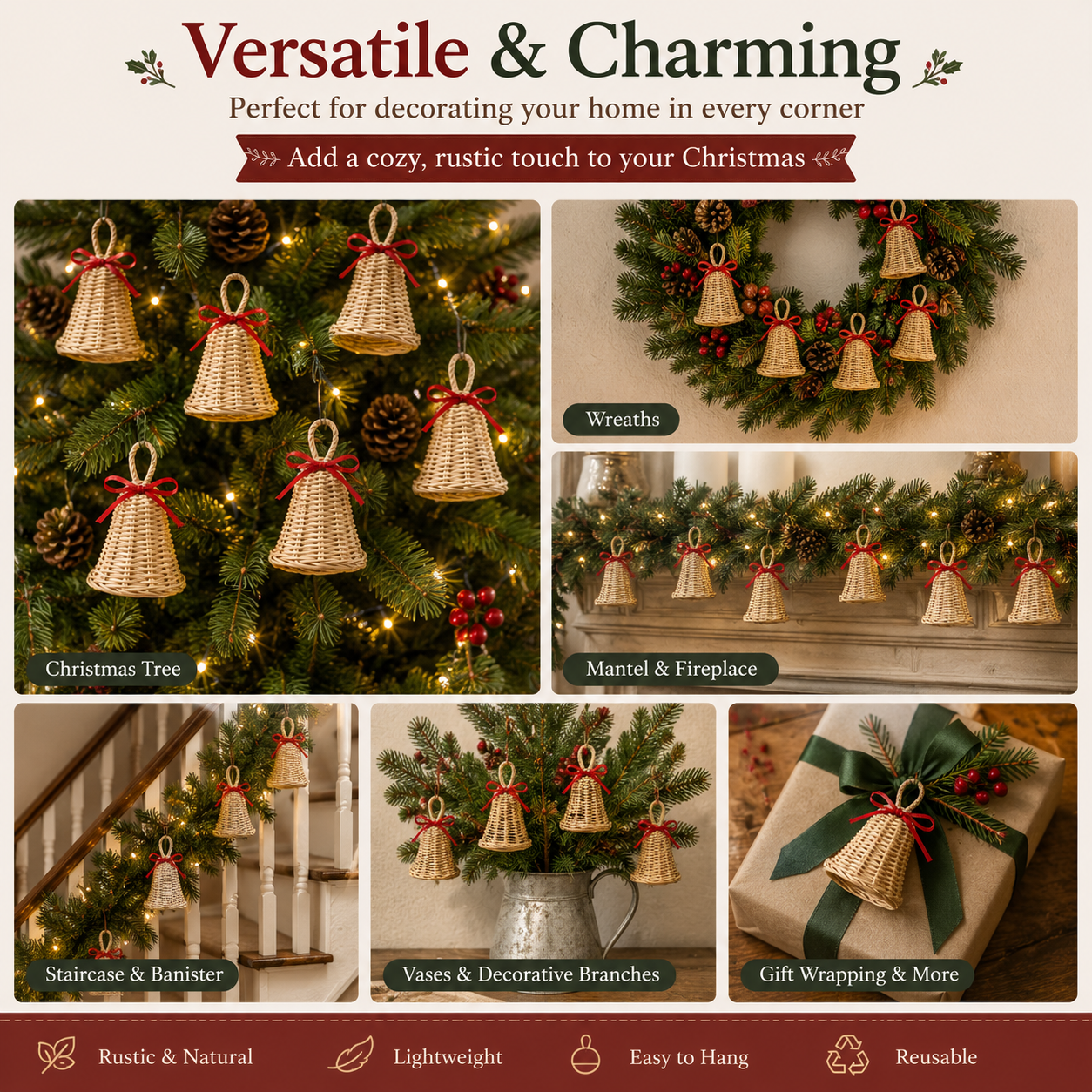 Rustic Woven Christmas Bell Ornaments – 6 Piece Set