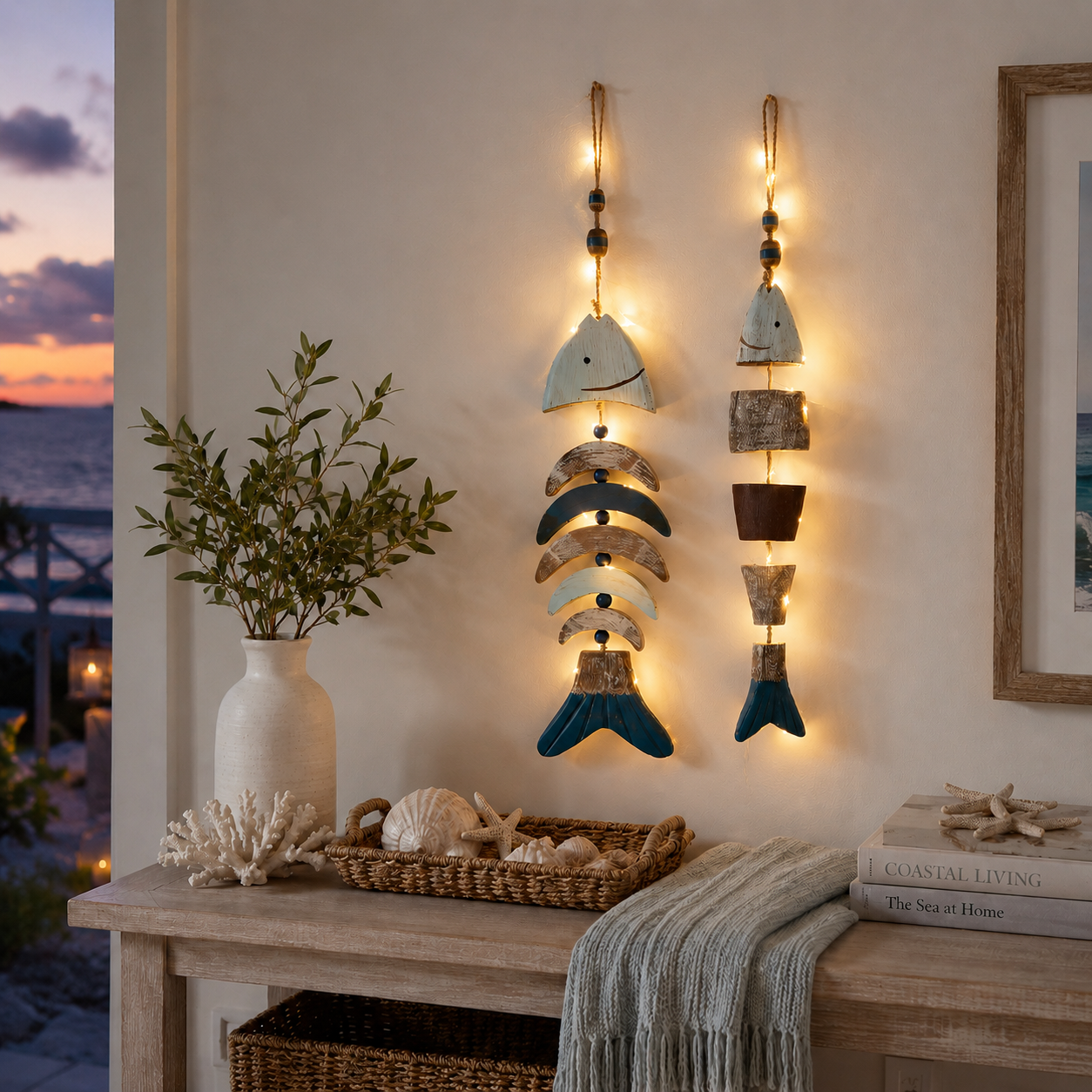 🌊 Lighted Coastal Wooden Fish Hanging Decor Set of 2