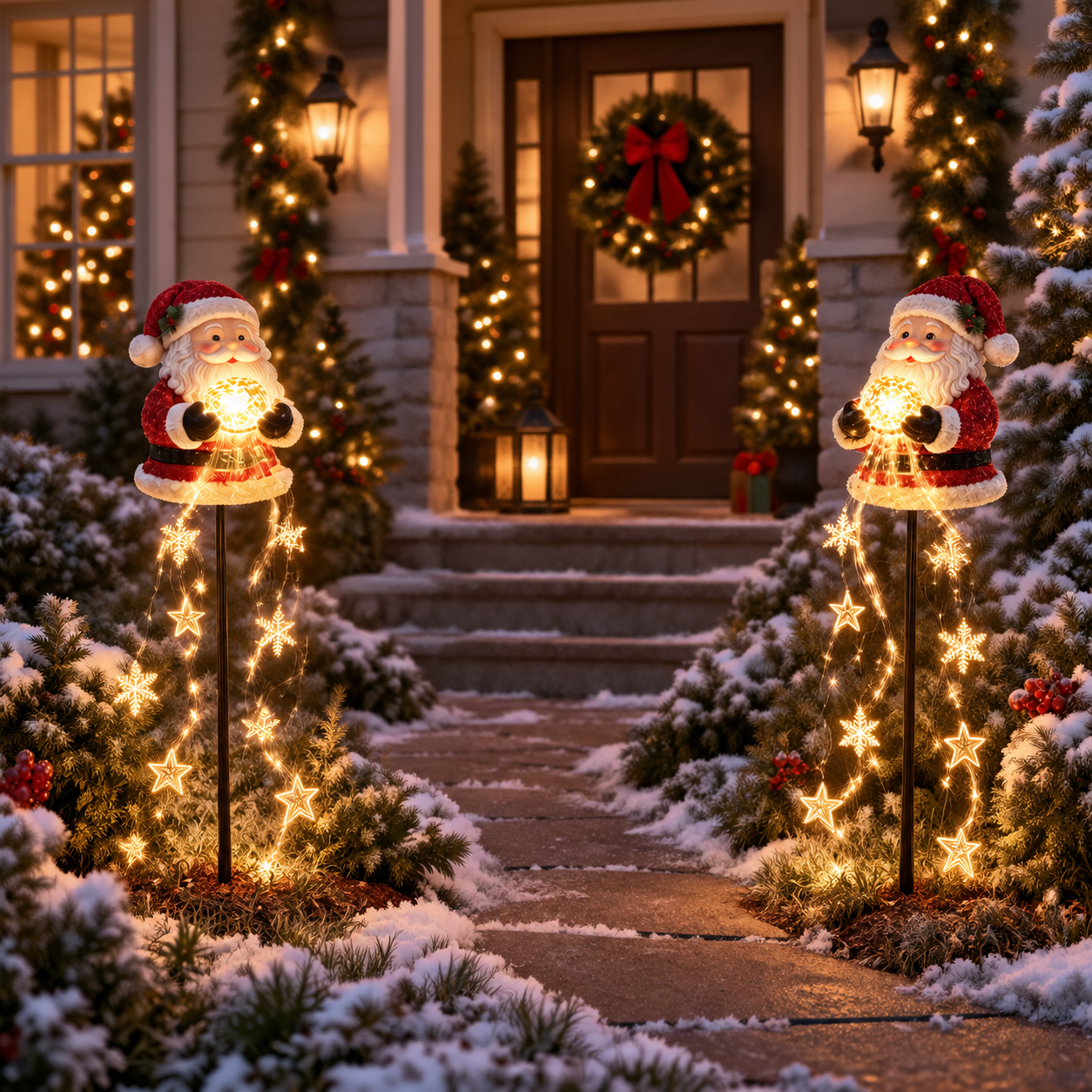 Christmas Magic Fountain Snowman & Santa Garden Stake Light