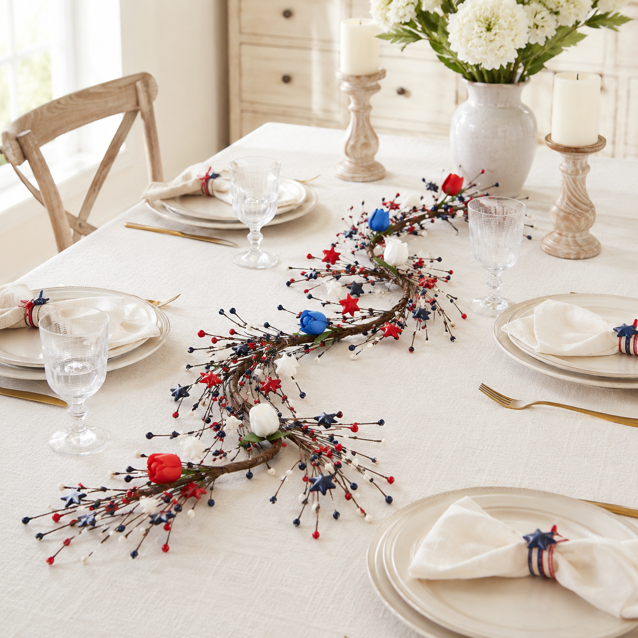 Patriotic Red White Blue Pip Berry Garland with Stars