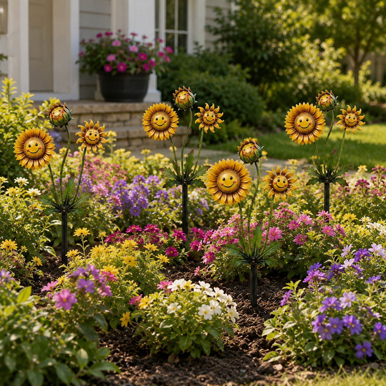 2D Smiling Sunflower Garden Stake Decor, Metal Flower Yard Art with Cute Face