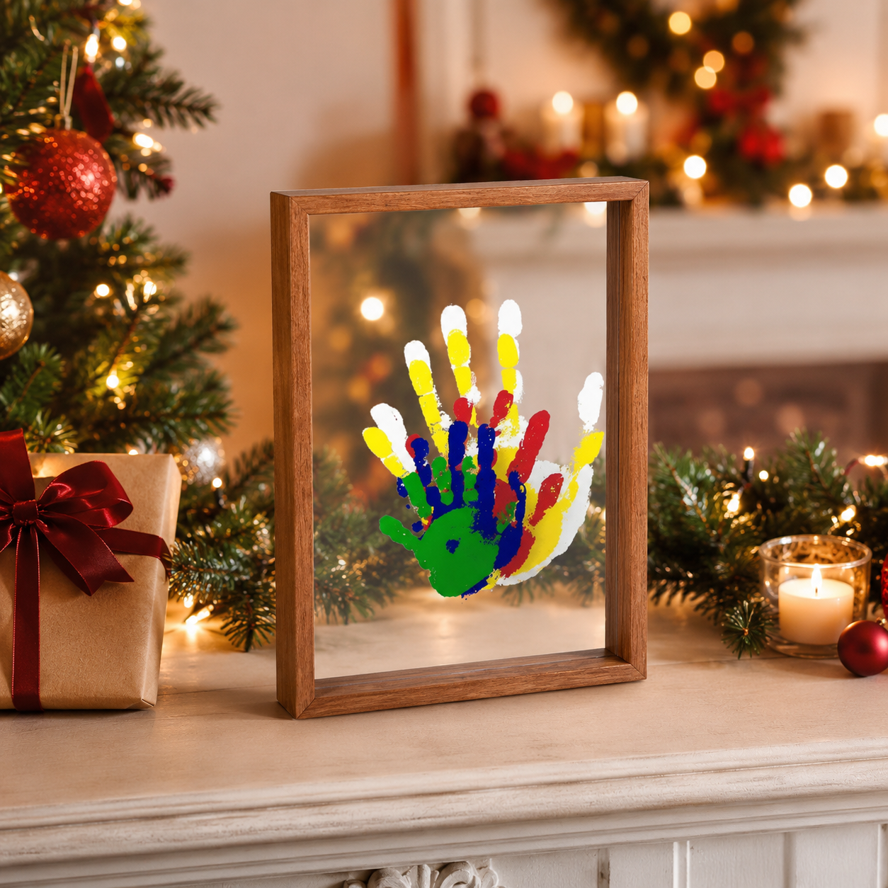 Family Handprint Set, Including 4 Handprint Slots And 6 Colors, Souvenir Frame, Handprint, Family Gift,Father's Day Gift,Mother'S Day Gift,Non-Toxic Pigment