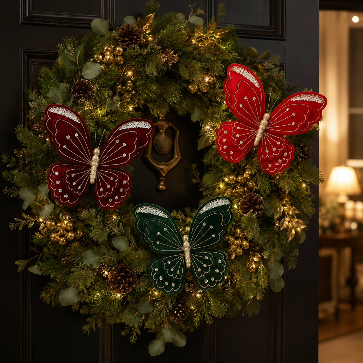 3-Piece Velvet Butterfly Christmas Decorations - 15.8 × 13.8 in