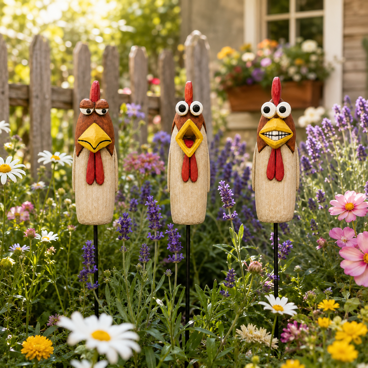 Funny Chicken Garden Stakes – 3 Piece Whimsical Yard Decor for Flower Beds, Planters & Backyard