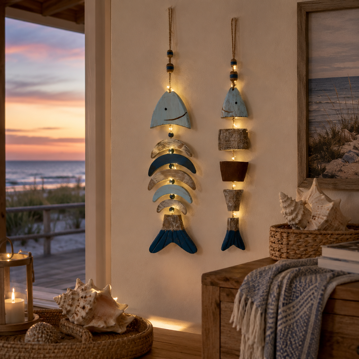 🌊 Lighted Coastal Wooden Fish Hanging Decor Set of 2