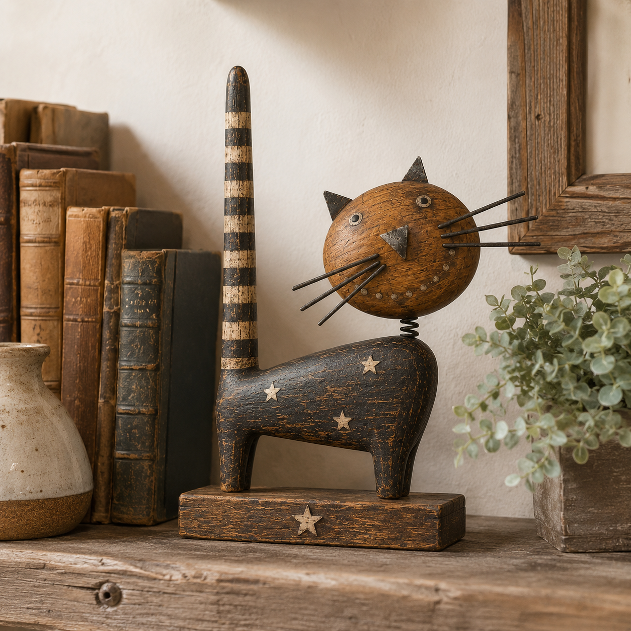 Vintage Primitive Wooden Cat with Metal Accents