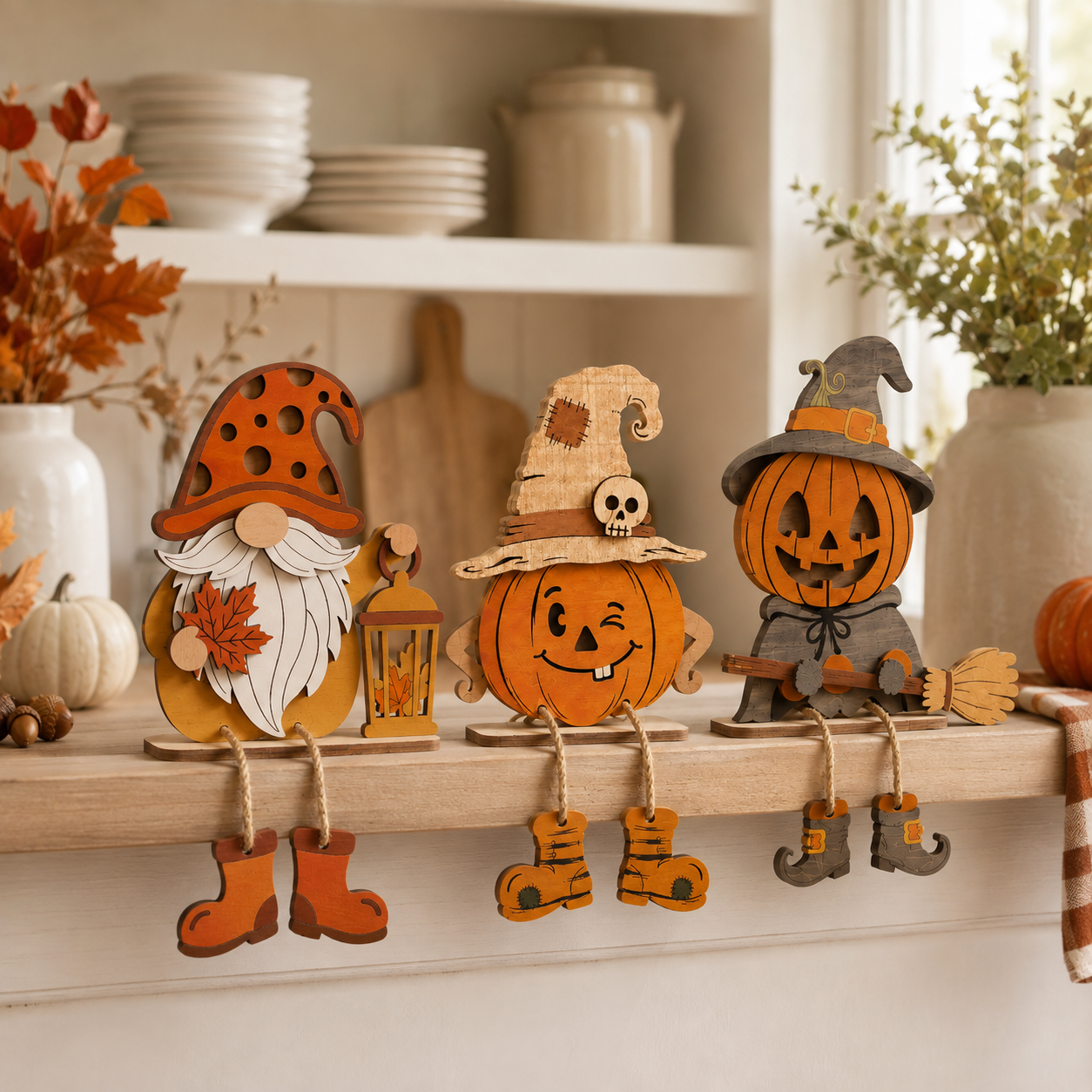3-Piece Wooden Fall & Halloween Dangling-Leg Shelf Sitter Set