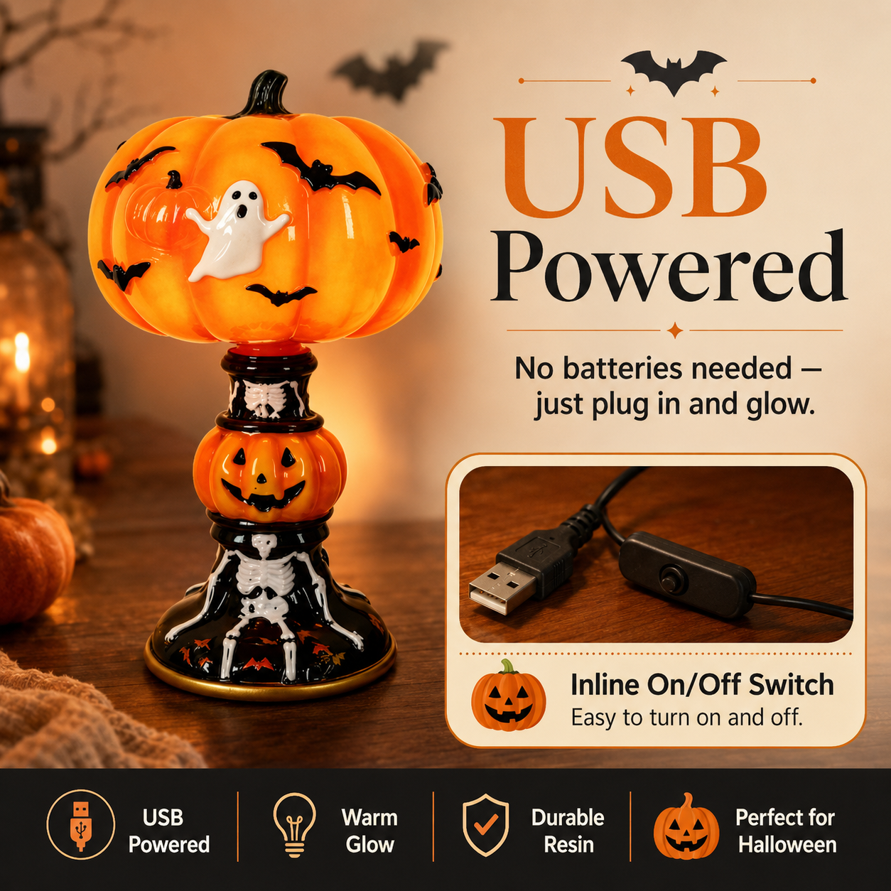 🎃 Light-Up Halloween Pumpkin Ghost Table Lamp