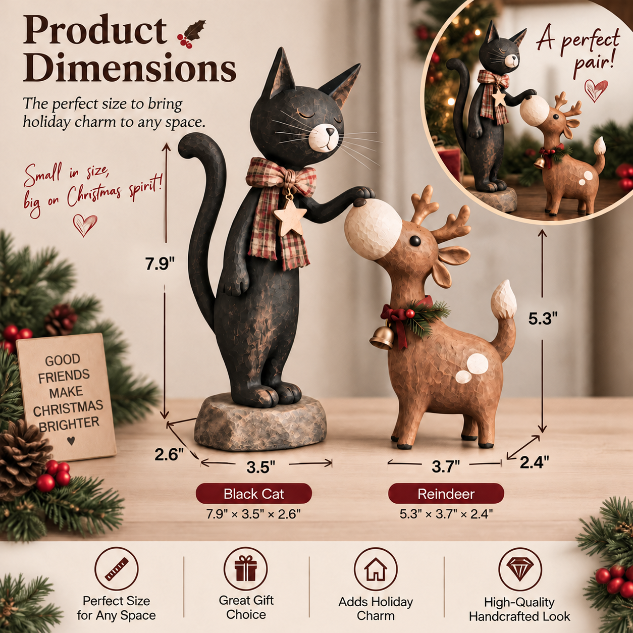 Whimsical Christmas Cat & Reindeer Figurine Set